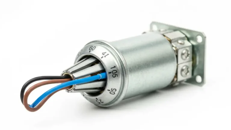 termostat lodówki z czerwonym strzałkowym wskaźnikiem temperatury i przewodami elektrycznymi