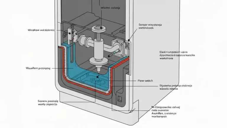 Schemat systemu AquaRem w pralce Zanussi – czujnik wody i zawór elektromagnetyczny