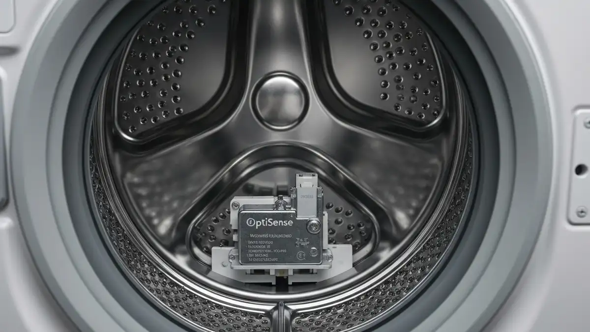 Sensor OptiSense w bębnie pralki Zanussi – czujnik załadunku pokazujący czysty czujnik wagi