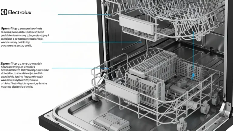 Zmywarka Electrolux z widocznym filtrem, ramionami spryskującymi i wskaźnikiem ciśnienia wody