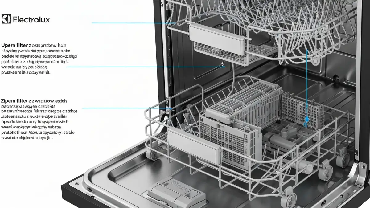 Zmywarka Electrolux z widocznym filtrem, ramionami spryskującymi i wskaźnikiem ciśnienia wody