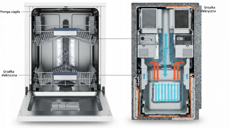 Zmywarka Samsung z otwartymi drzwiami pokazująca mokre naczynia i schemat systemów suszenia: heat pump i grzałka elektryczna
