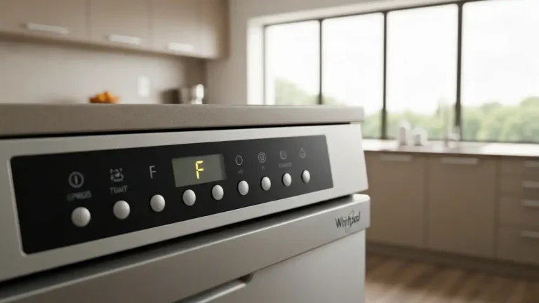Panel sterowania zmywarki Whirlpool z wyświetlanym kodem błędu F na ekranie LCD